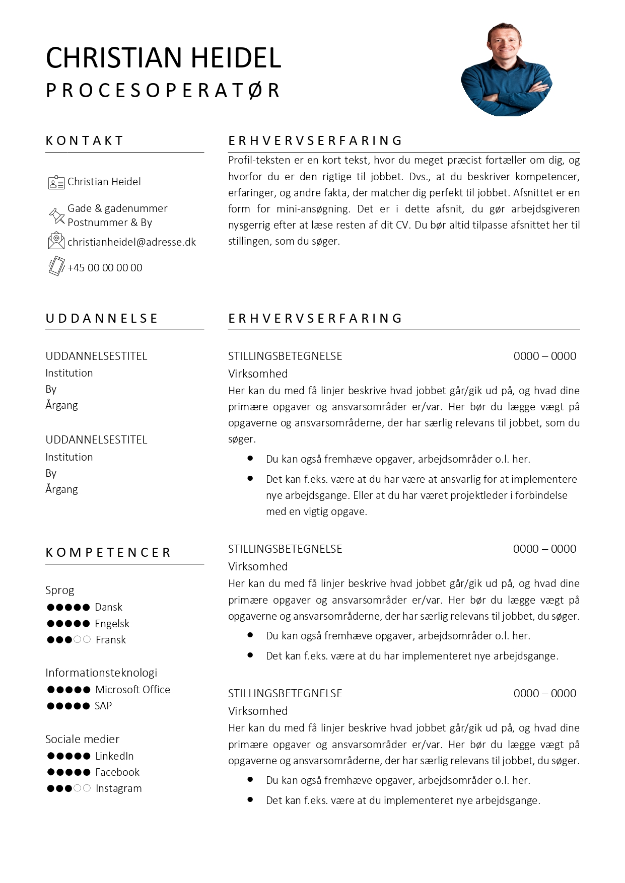 Eksempel på CV-skabelon, som du kan bruge til dit CV. Klik på foto og hent wordfil.